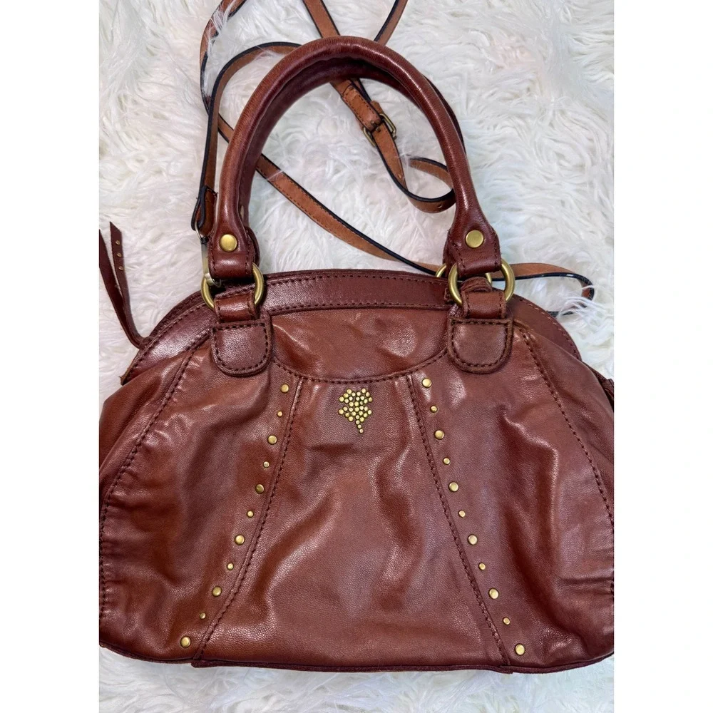 Y2K Lucky Brand Brown Leather Studded Satchel Crossbody Bag Antique Brass